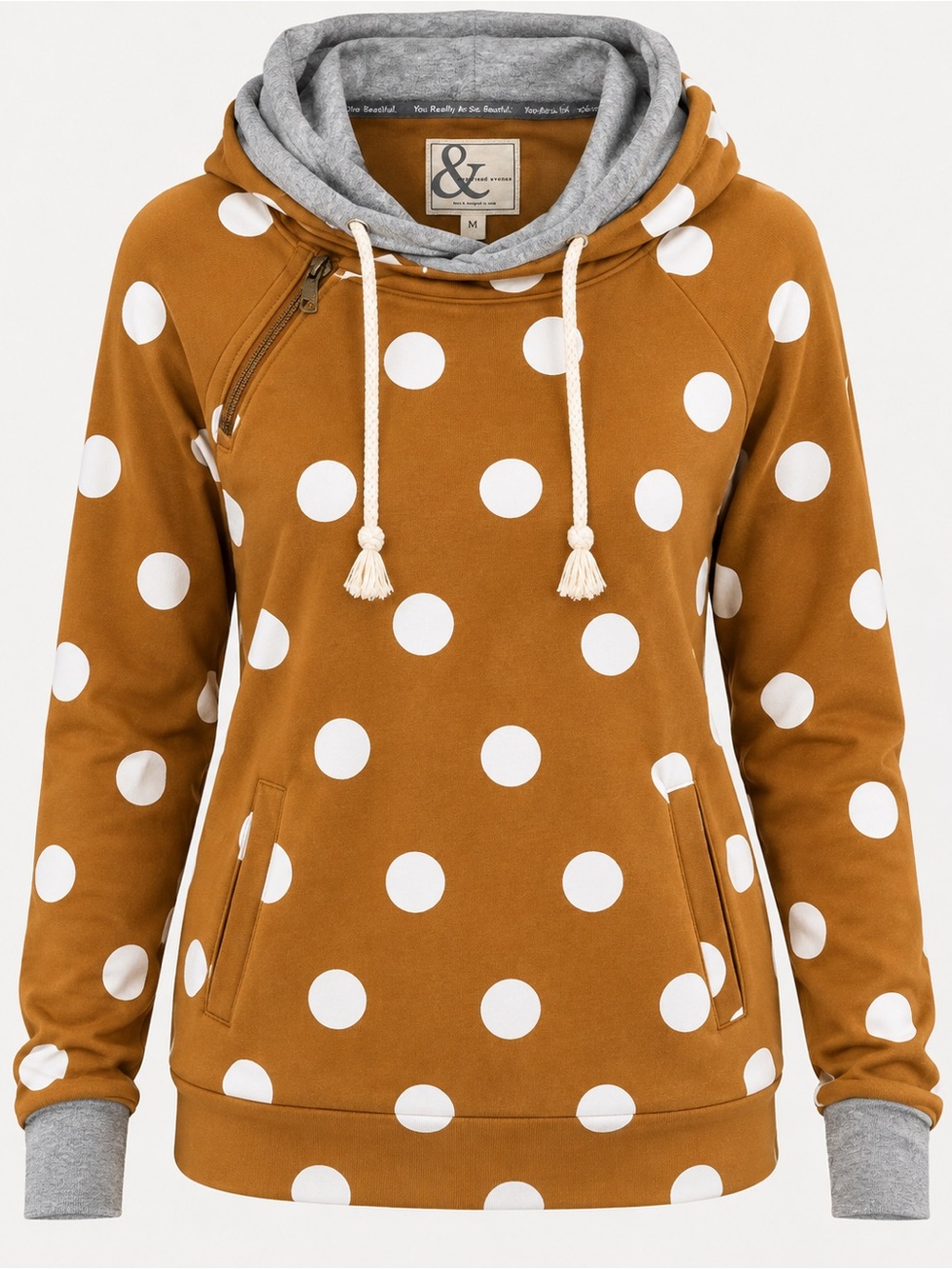 Ampersand Avenue Polka Dot Double Hood Hoodie Mustard Gray M NWT